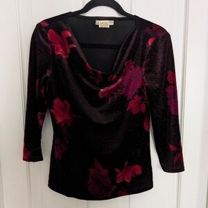 VTG Dressbarn Sparkly Velvet Top SMALL Whimsigoth Vamp Holidays Cowl Neck‎ Roses